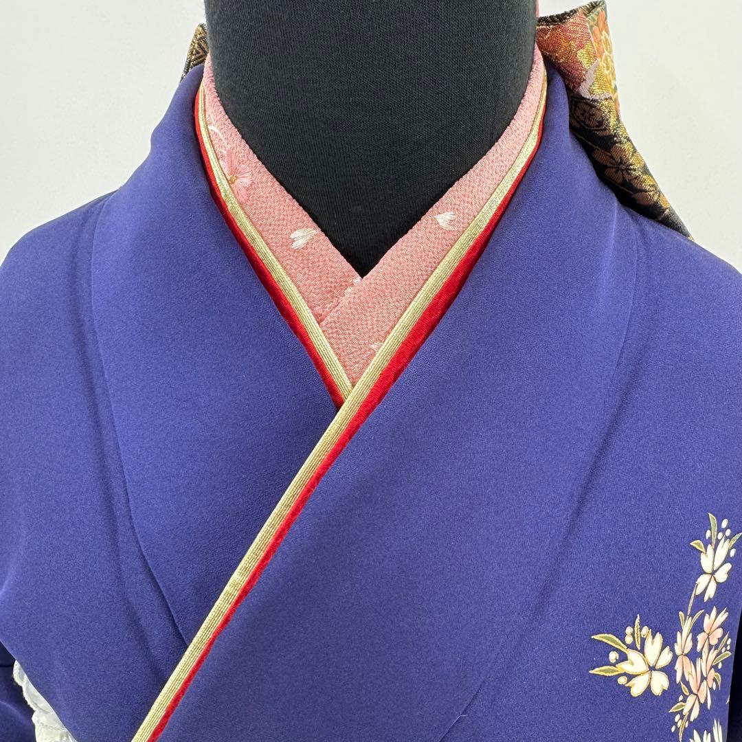 振袖10点フルセット　古典柄　ネイビー　成人式　結婚式　つけ袖白レース付　正絹