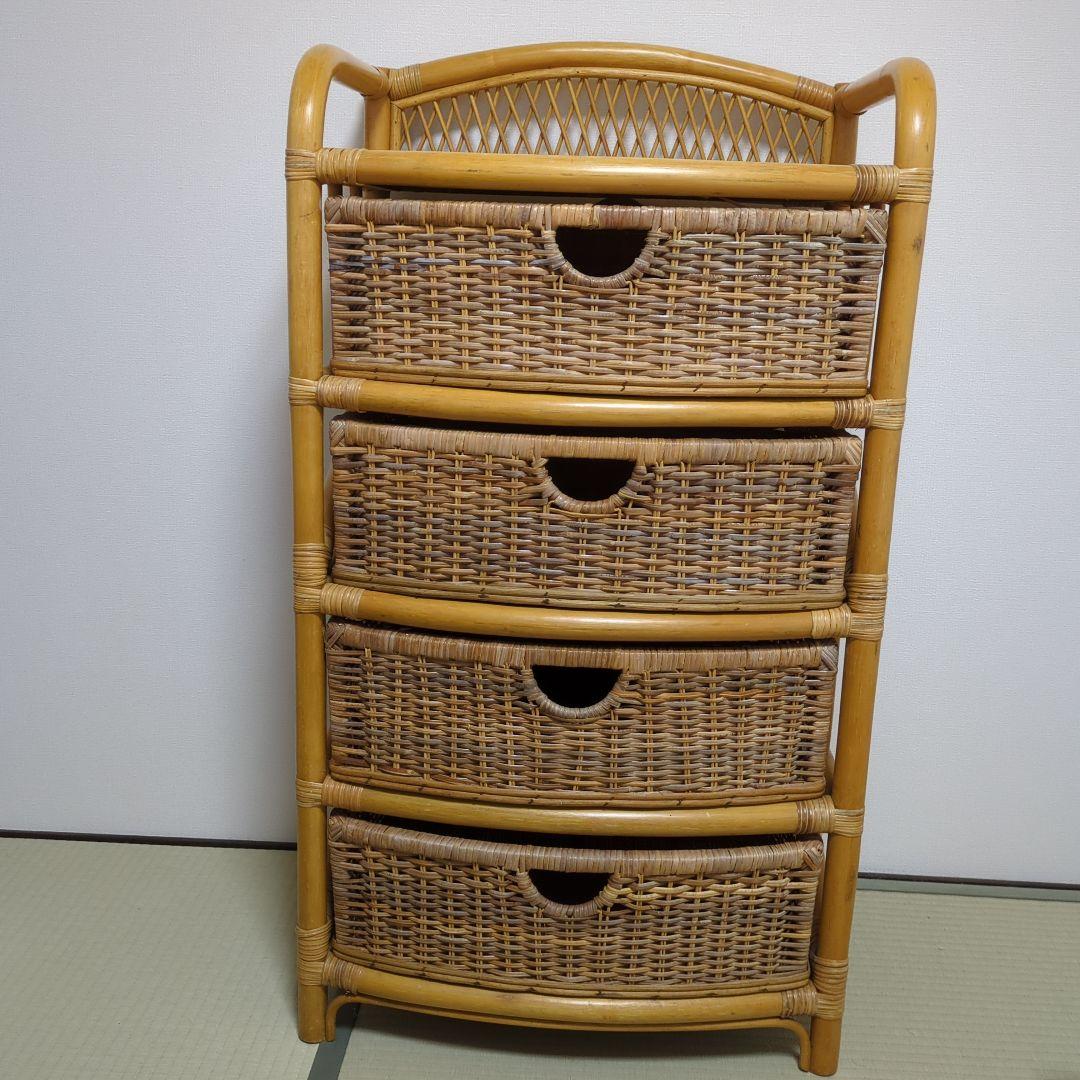 ヴィンテージ、昭和レトロラタン4段チェスト 、ナチュラル アジアン家具 、籘家具