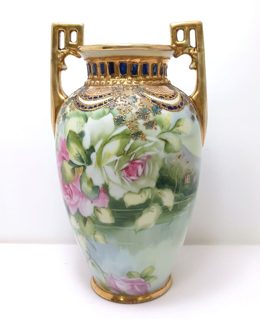 Y3036-2 オールドノリタケ ハンドペイント 薔薇 花瓶 高さ22㎝　　L