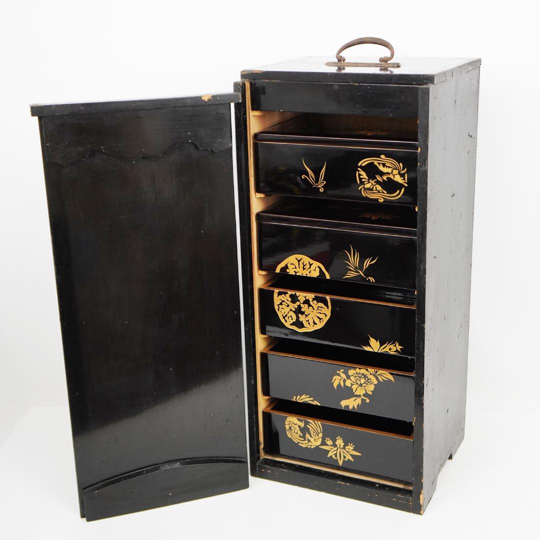 漆 蒔絵 重箱 五段 蓋2枚付き 松竹梅 縁起物 収納箱 付属 黒