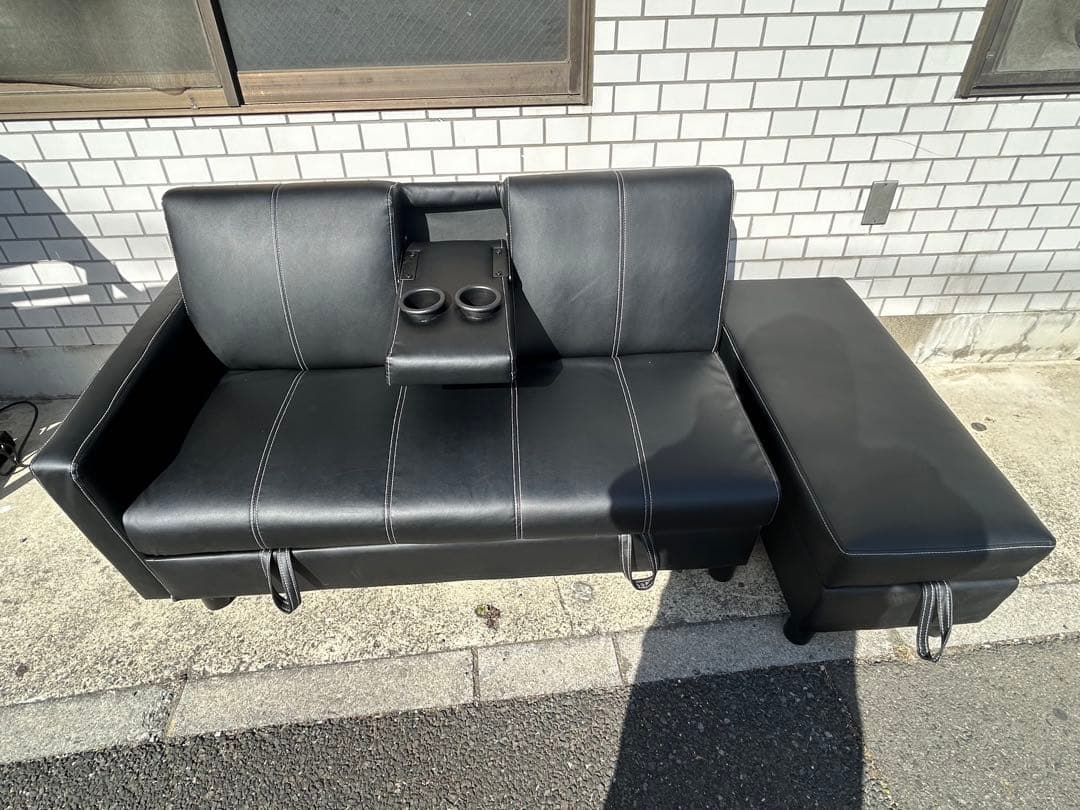 引き取り限定川口市 多機能ソファ　ソファベッド ドリンクホルダー　オットマン 黒