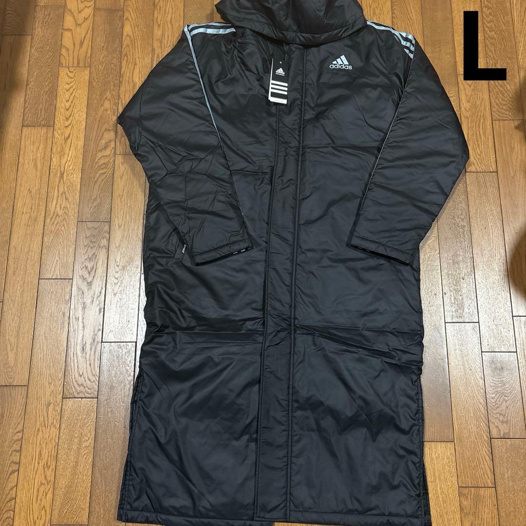 adidas メンズブラック ベンチコート L／スリーライン／フードあり／軽量
