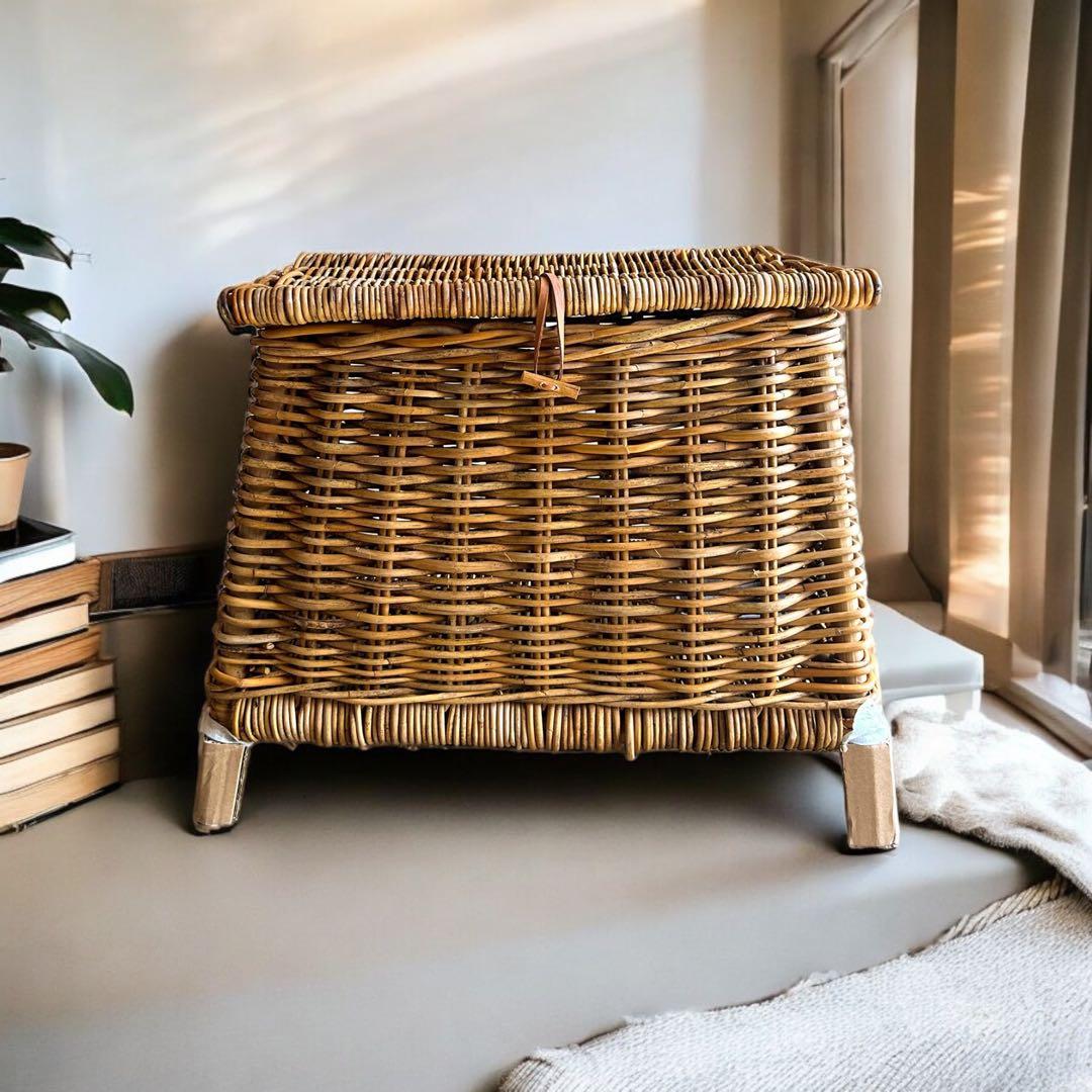 天然皮付き籐アラログ　インテリアバスケット　蓋付きバスケット　チェストバスケット