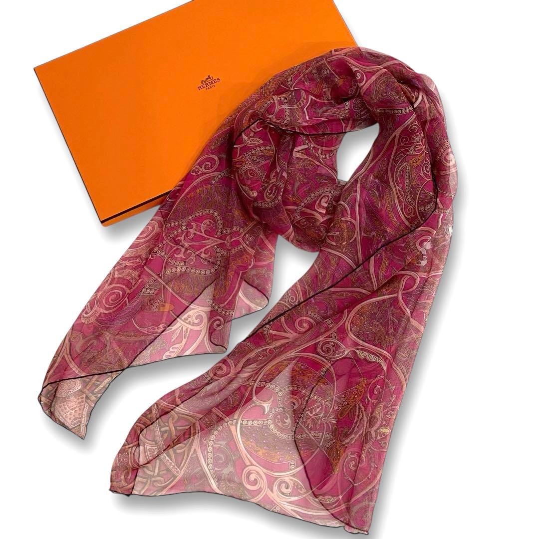 箱付/美品★エルメス シルクモスリン シアー 動物の楽園 ストール シルク100