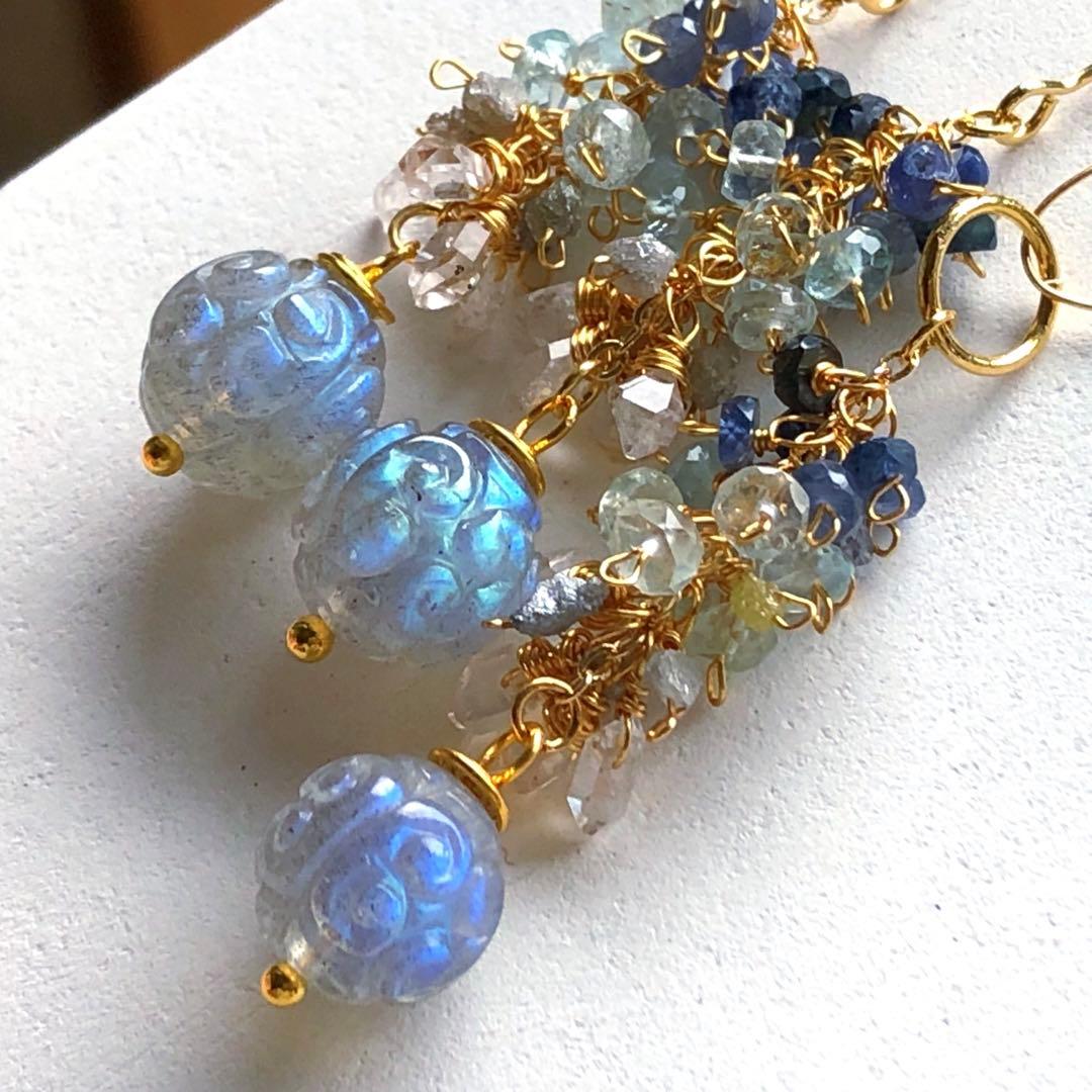 天然石☆プルメリア&スクロールカービングのピアス14kgf