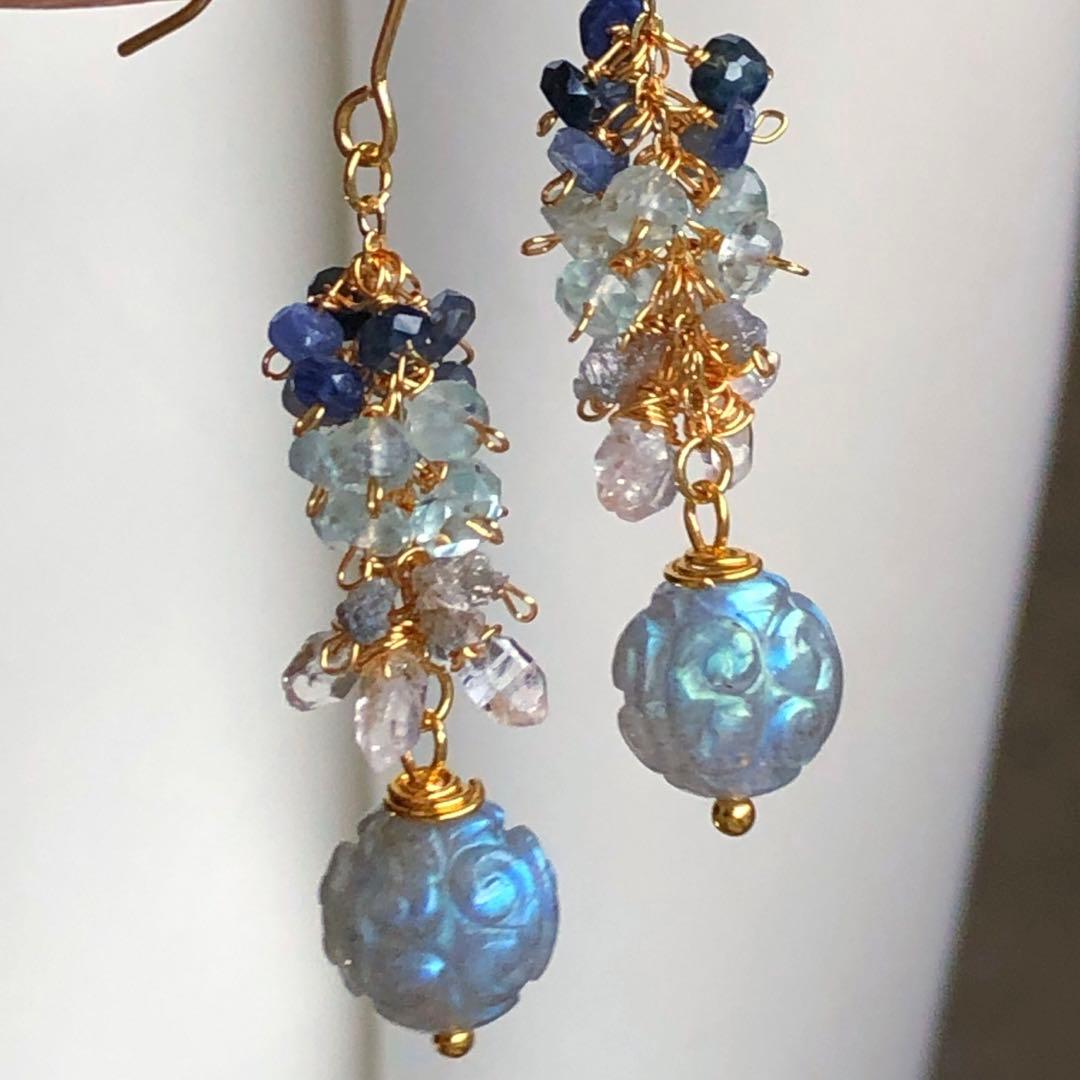 天然石☆プルメリア&スクロールカービングのピアス14kgf