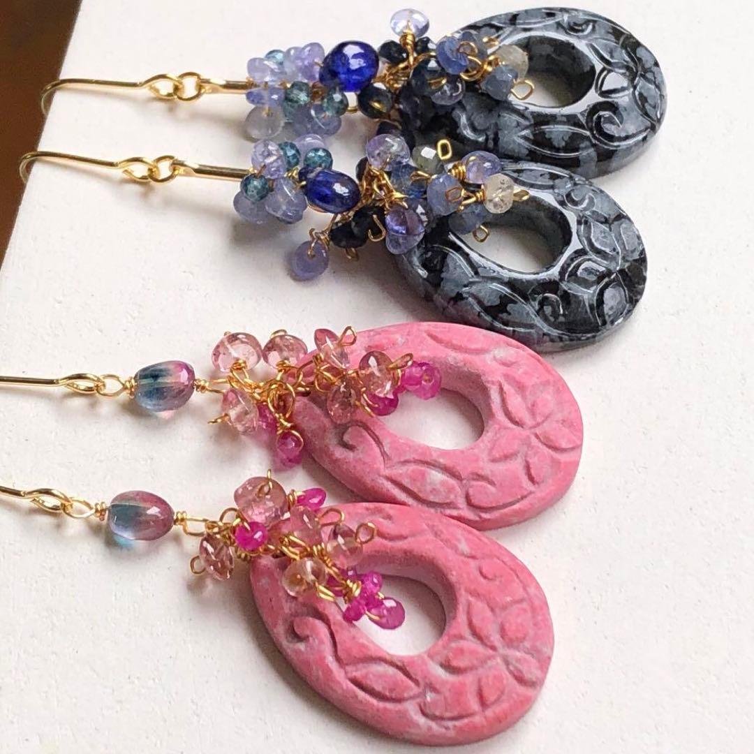 天然石☆プルメリア&スクロールカービングのピアス14kgf