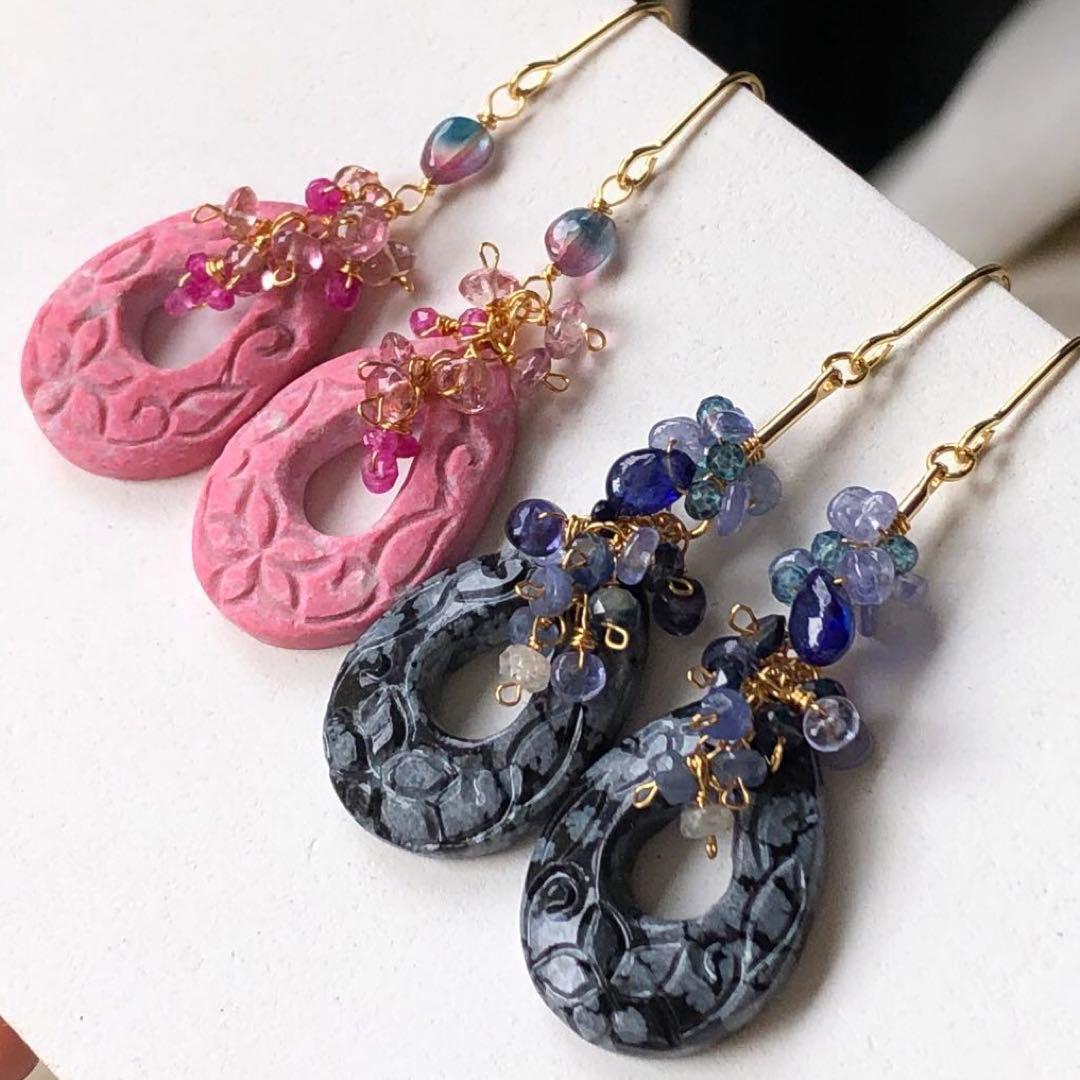 天然石☆プルメリア&スクロールカービングのピアス14kgf