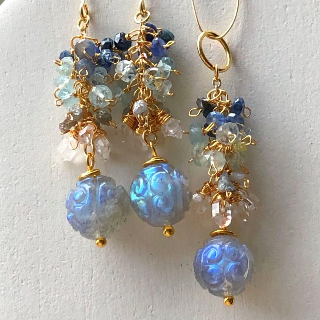 天然石☆プルメリア&スクロールカービングのピアス14kgf