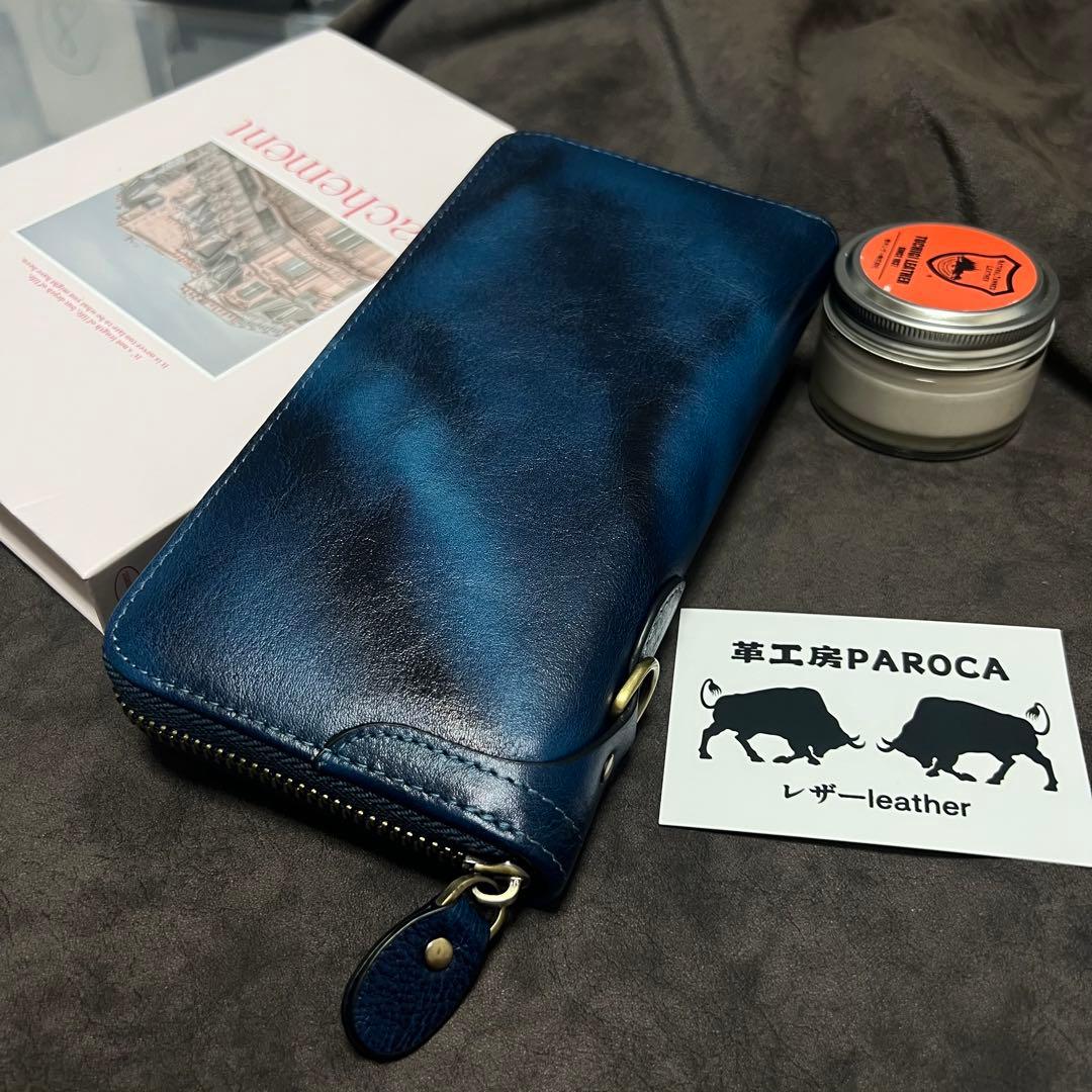 新作品　数量限定　藍色　手染めイタリアンレザー メンズ 牛革本革　長財布