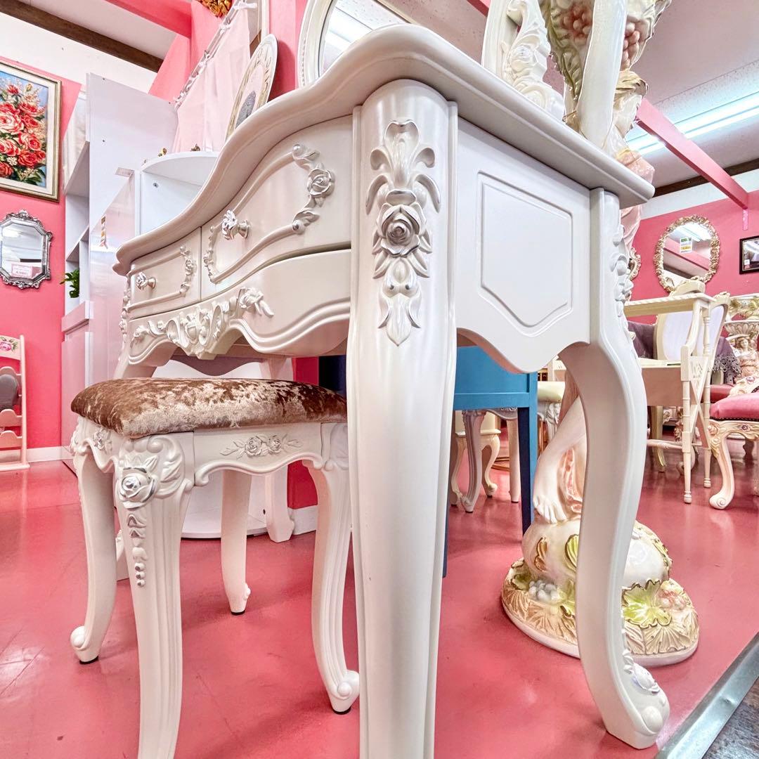 ロココスタイル ホワイトドレッサー スツール付き ドレッサー3点セット 簡単組立