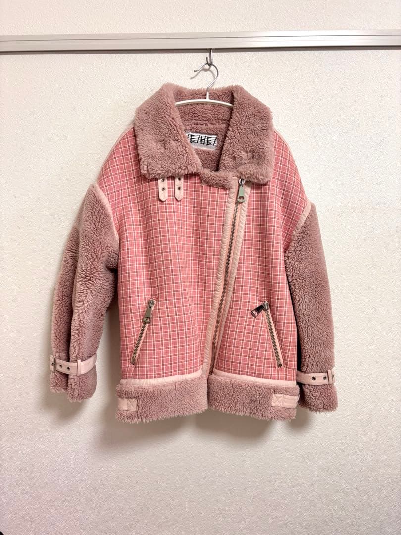 HEIHEI ボアチェックライダースジャケット ピンク