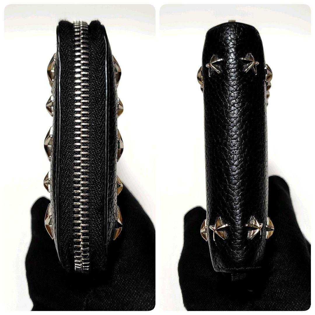 JIMMY CHOO　折り財布　黒　シボ革　ラウンドジップ　スタースタッズ