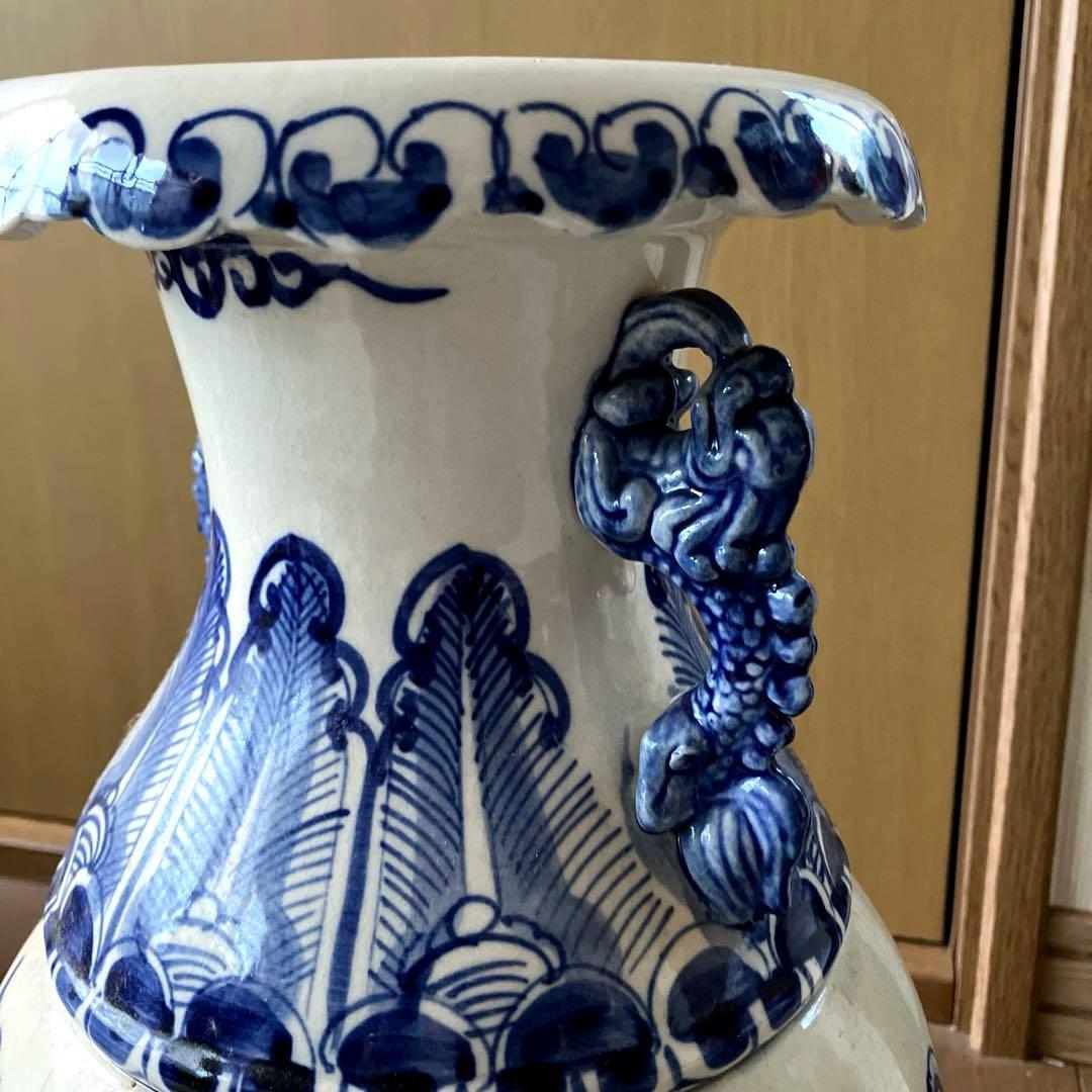 中国　古美術　染付大花瓶　唐物　双耳　透かし彫り　骨董