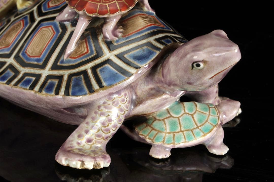 野々村仁清 在銘 色絵親子亀置物 共箱 京焼 細密造形 縁起物 古美術 骨董品