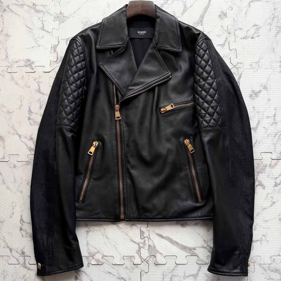 極美品✨ヴェルサーチ ダブルライダースジャケット ラムレザー デニム切替 46