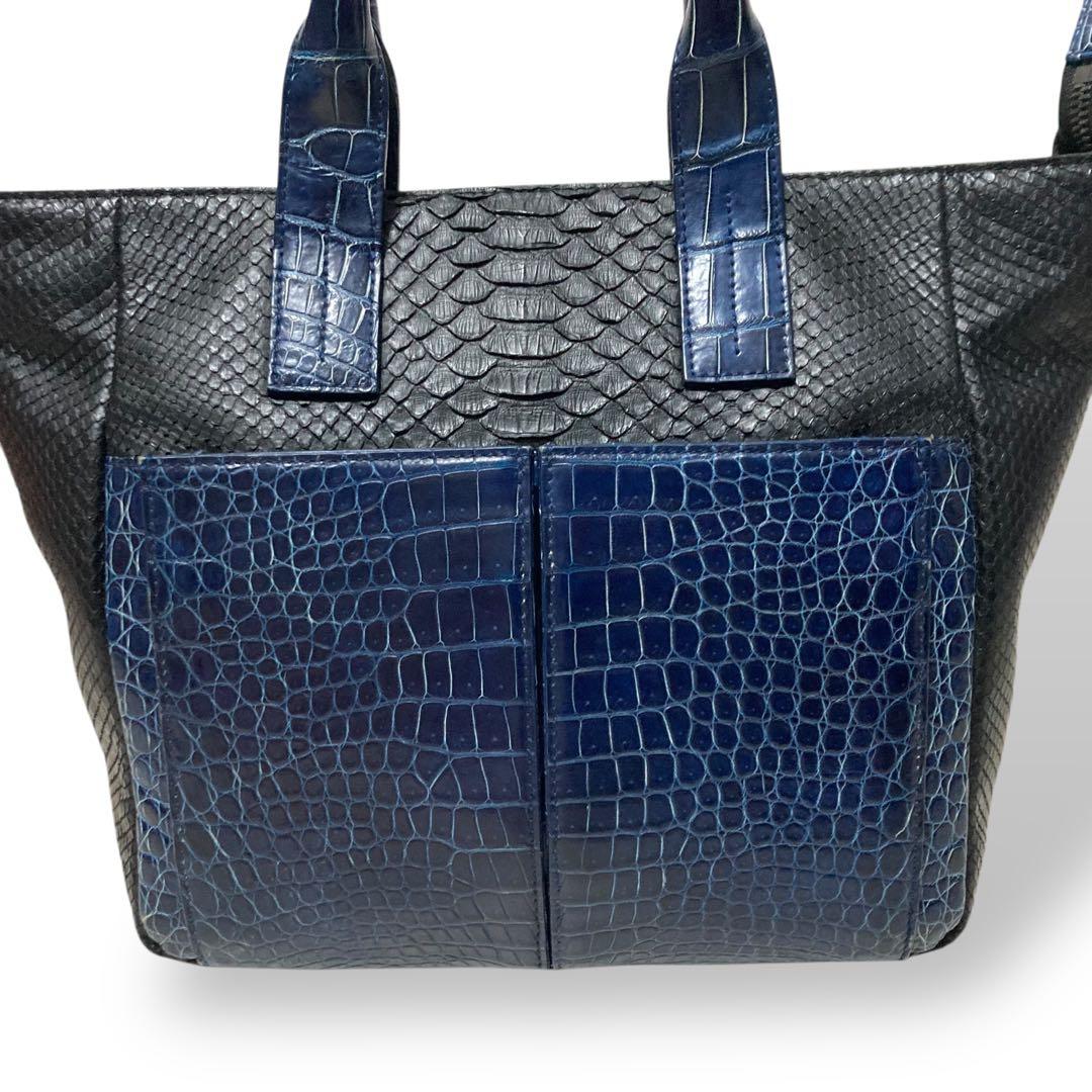 【美品】池田工芸　藍染めクロコダイル×純黒パイソン　おまかせ仕立て　ゴルフトート