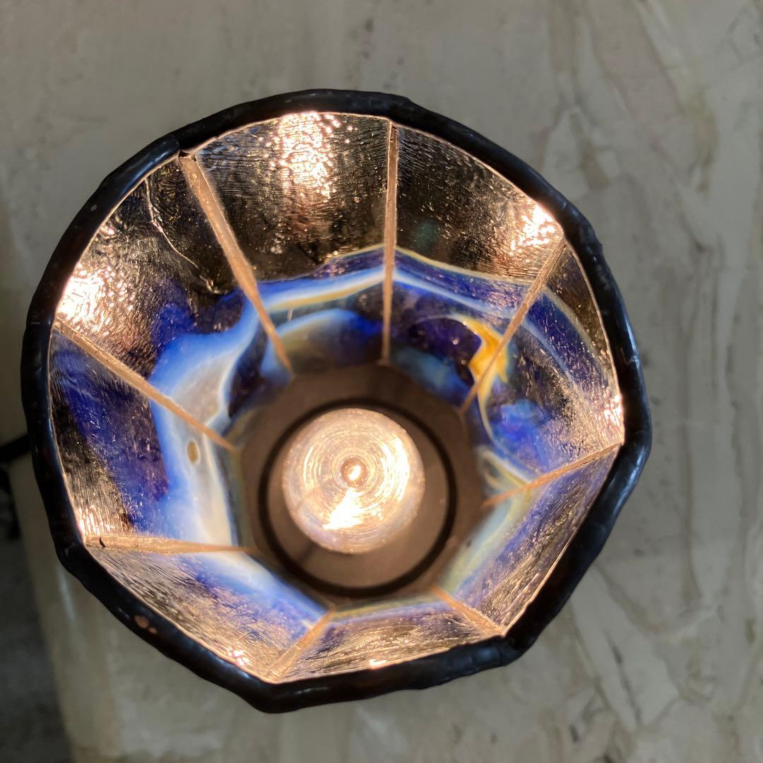 作家様作品　ステンドグラス　サイドテーブル　ランプ　ブルー系マーブル　18センチ