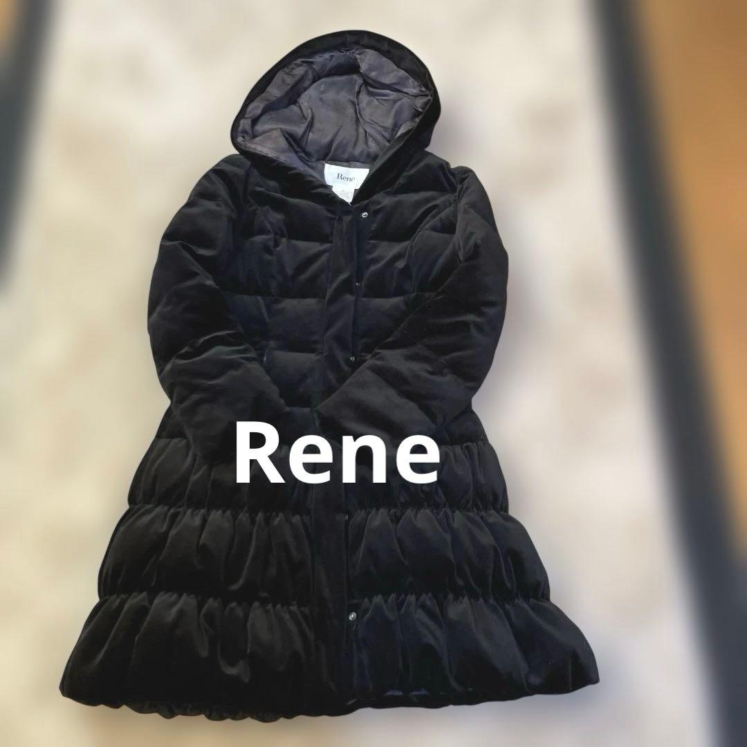 美品　フード付きブラックロングコート　Rene
