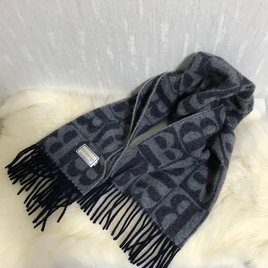 超希少 Burberrys Bロゴ カシミヤ100%マフラー ブルーグレー