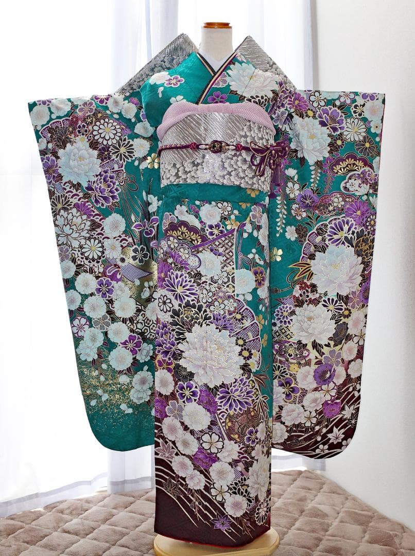 振袖フルセット 成人式 青緑 エメラルドグリーン