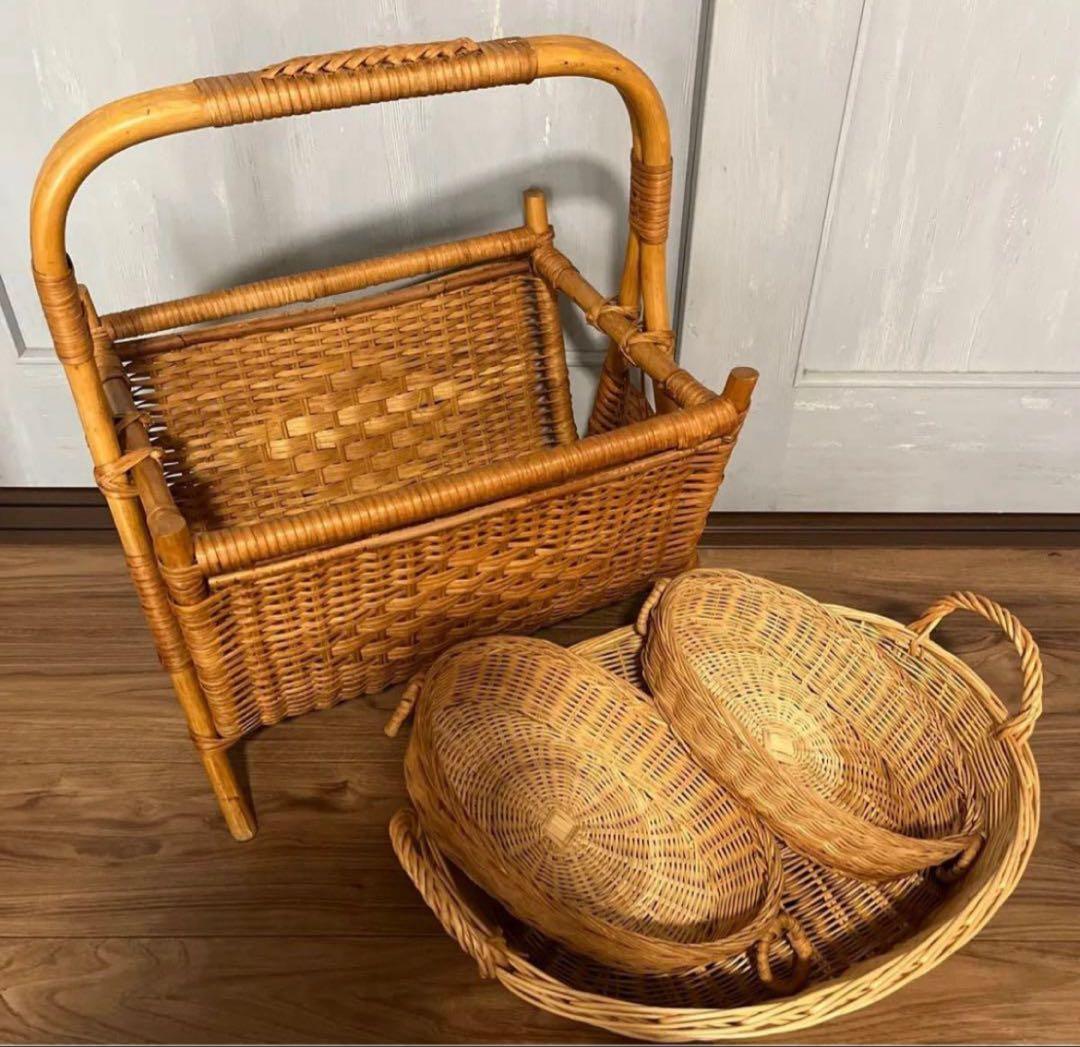 籐 かご バスケット ラタン 昭和レトロ 小物入れ インテリア 古民具　籠