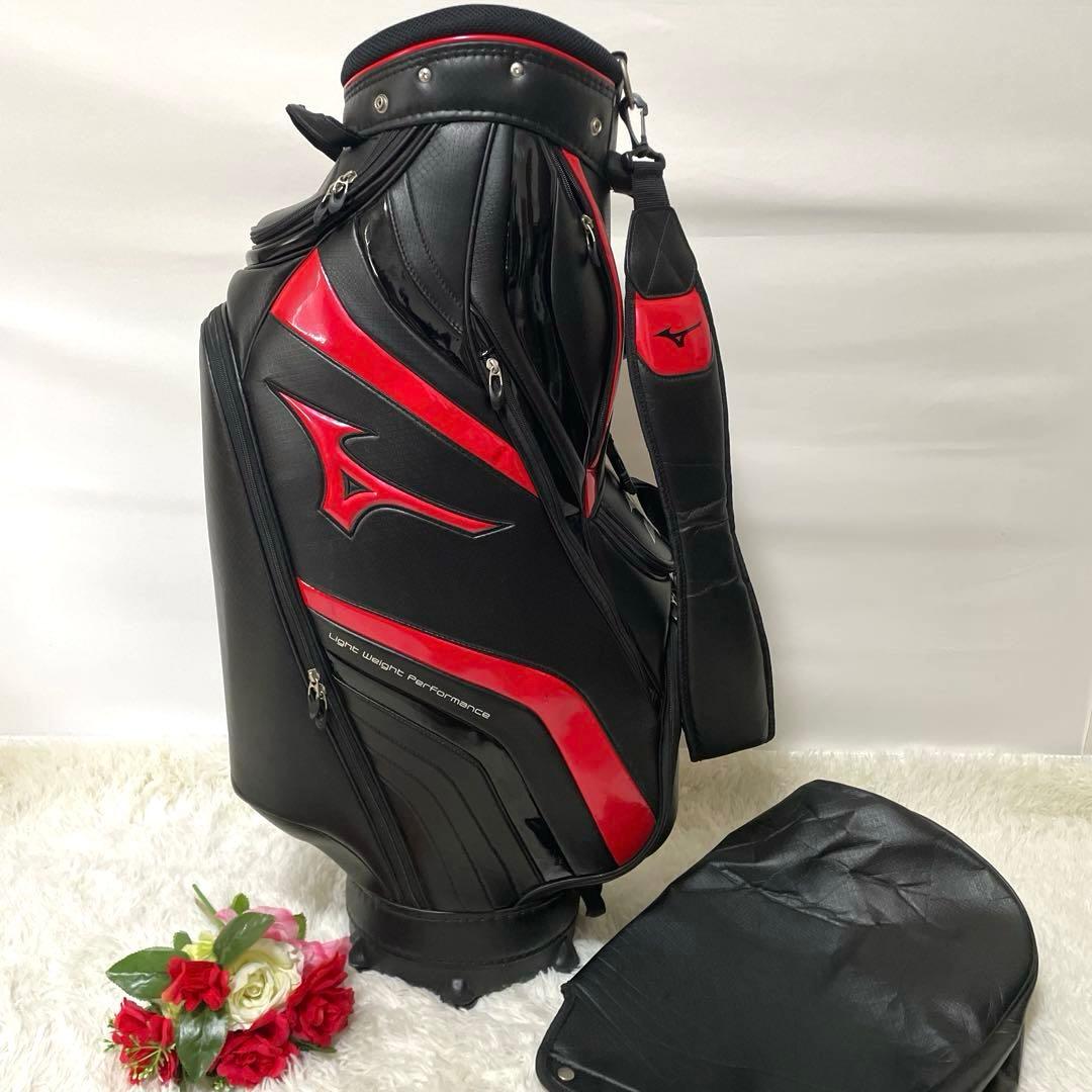 良品✨ミズノゴルフ キャディバッグ カート式 バランス型 軽量 黒赤 フード付き