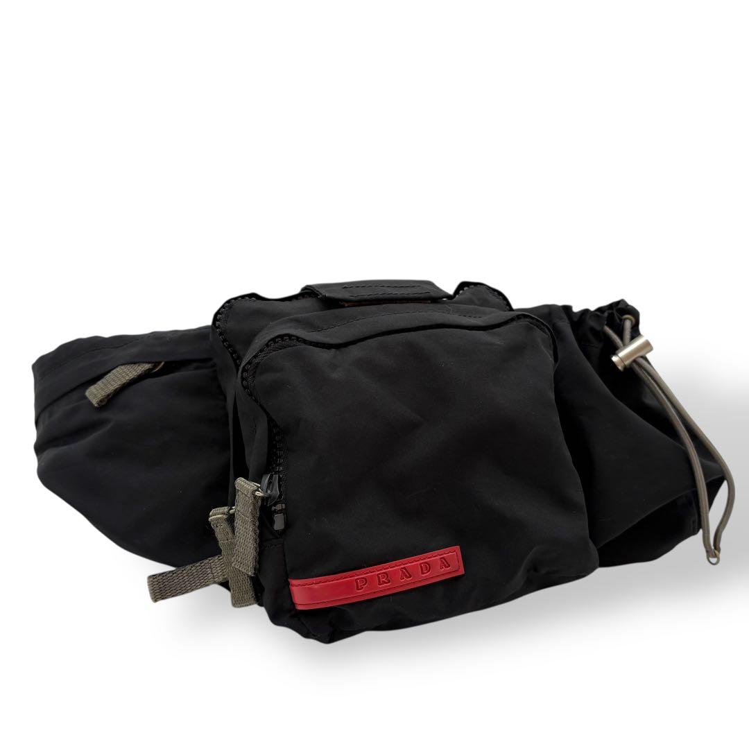 良品 プラダスポーツ ボディバッグ ウエストポーチ ナイロン ブラック ロゴ