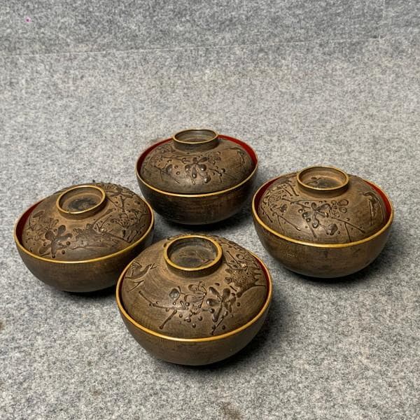 会津塗鉄錆塗木製蒔絵富士山吸物椀4個[B34145]