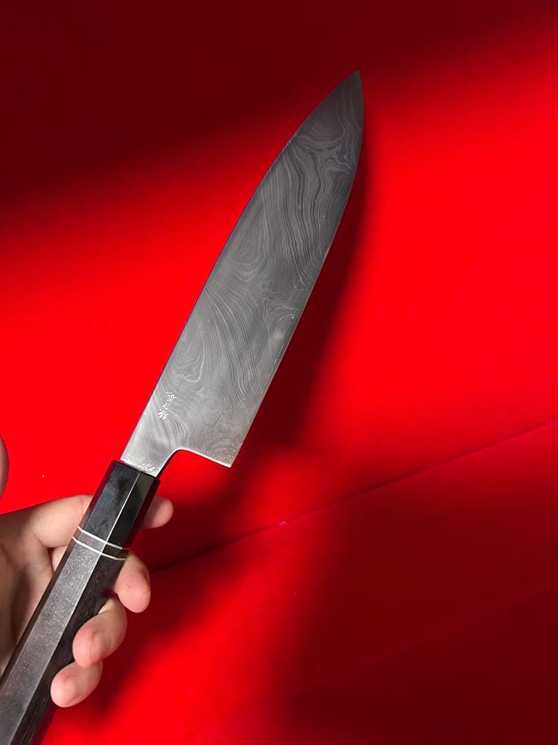 01483 包丁　重啓作　牛刀　墨流し　折り返し鍛錬　スウェーデン鋼　未使用品