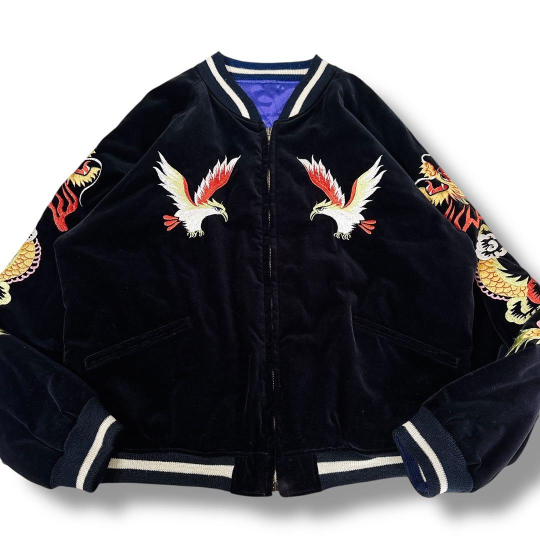 WAREHOUSE 別珍 スカジャン 鷹×虎×龍 刺繍 リバーシブル 黒×青