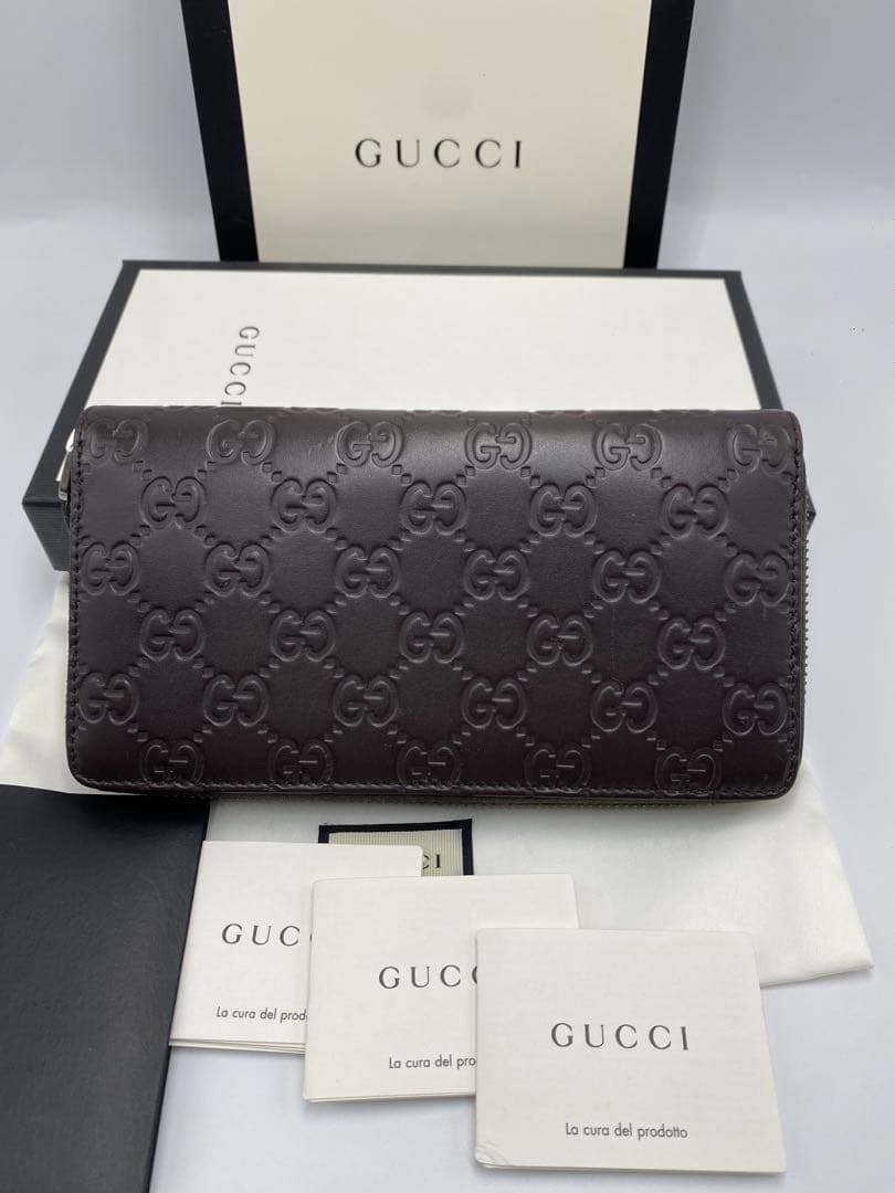 美品　グッチ　GUCCI　シマレザー　ブラウン　長財布　ラウンド　ファスナー
