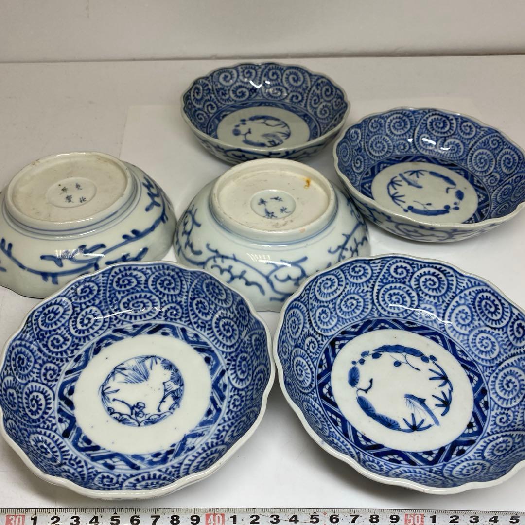 古伊万里 染付蛸唐草 膾皿 6枚　w14.5〜15cm 東キ7-0913①