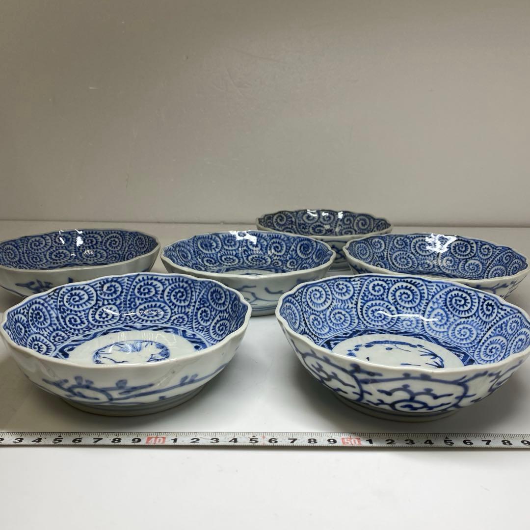 古伊万里 染付蛸唐草 膾皿 6枚　w14.5〜15cm 東キ7-0913①