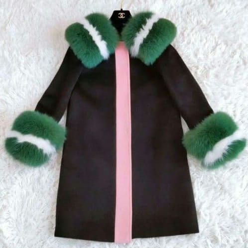 ボリューム ファーポイントコート 黒・緑・ピンク　リアルファー　フォックス　S