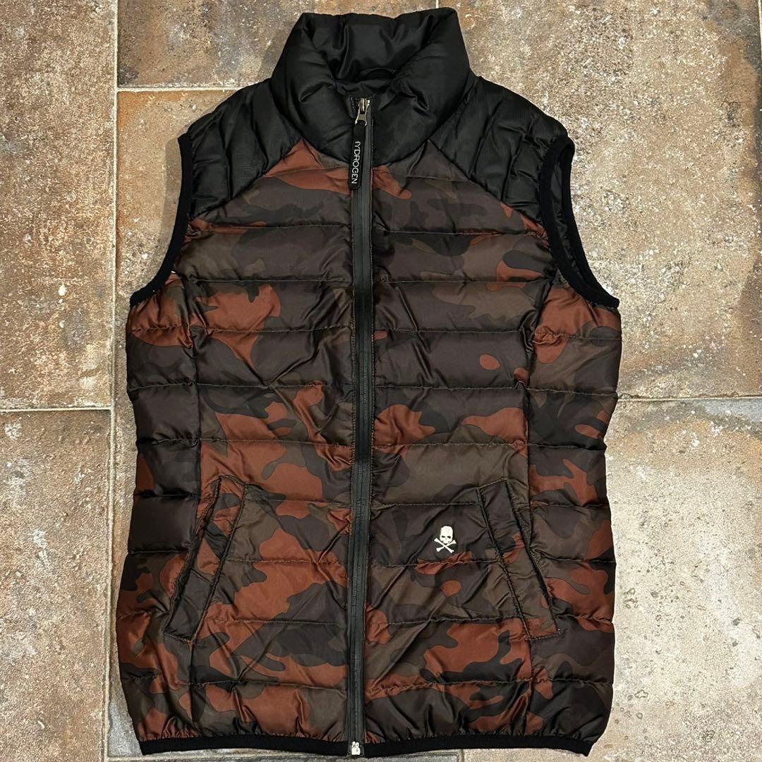 HYDROGEN ダウンベスト ジップアップ 迷彩柄 カモフラ ロゴ 刺繍 S