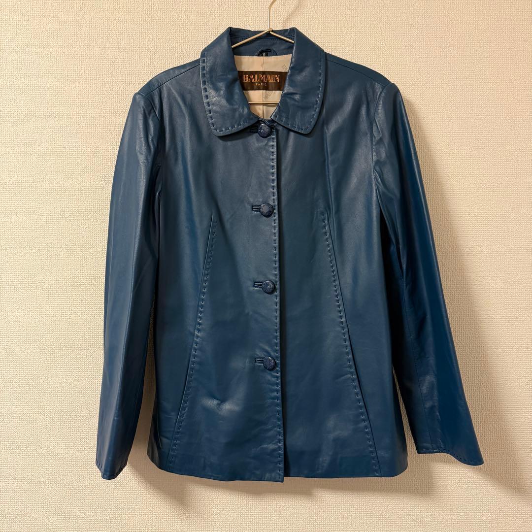 SALE BALMAIN バルマン レザー ジャケット ブルー 9