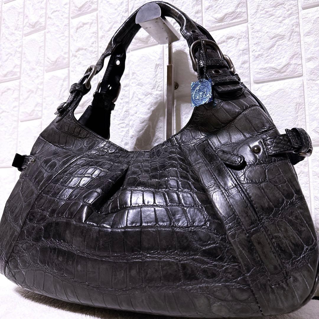 【美品】JRA クロコダイル トートバッグ センター取り ブラック ハーフムーン