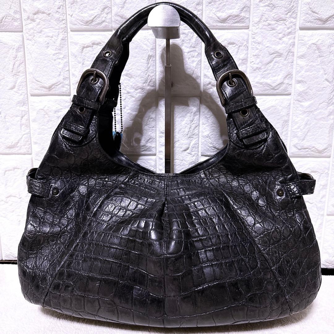 【美品】JRA クロコダイル トートバッグ センター取り ブラック ハーフムーン