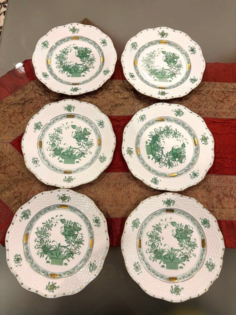新品　HEREND FV インドの華グリーン プレート 19cm ６客セット