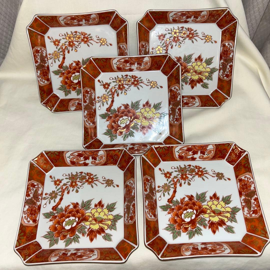庫山窯　赤絵　角皿　5枚　金彩　牡丹　蝶