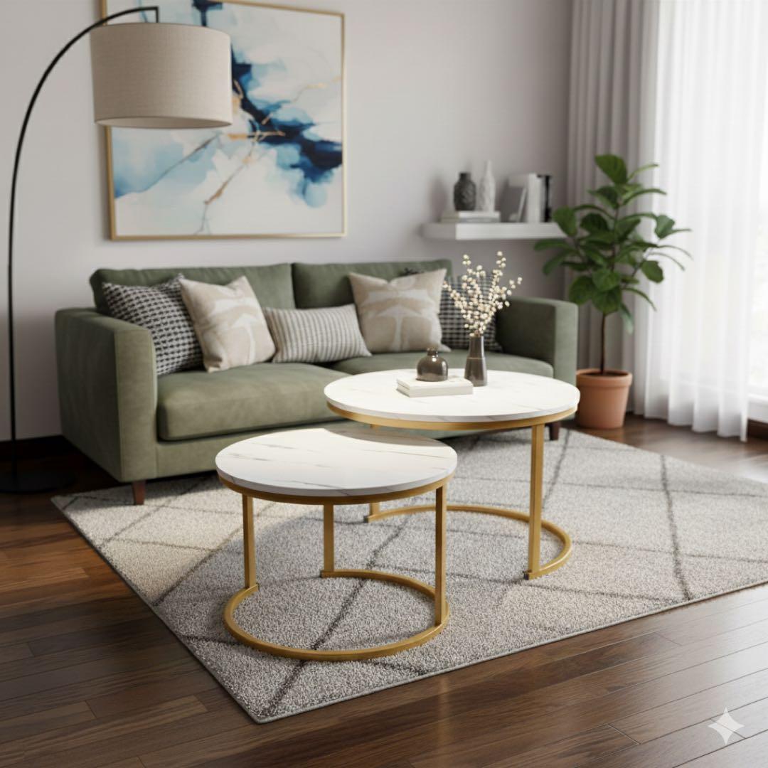 【美品】大理石調 ネストテーブル ネストコーヒーテーブル 大理石風 セット 丸型