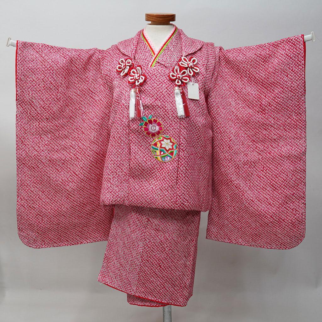 七五三 三歳 女児 正絹 総絞り 被布着物フルセット 赤色 お仕立て無料