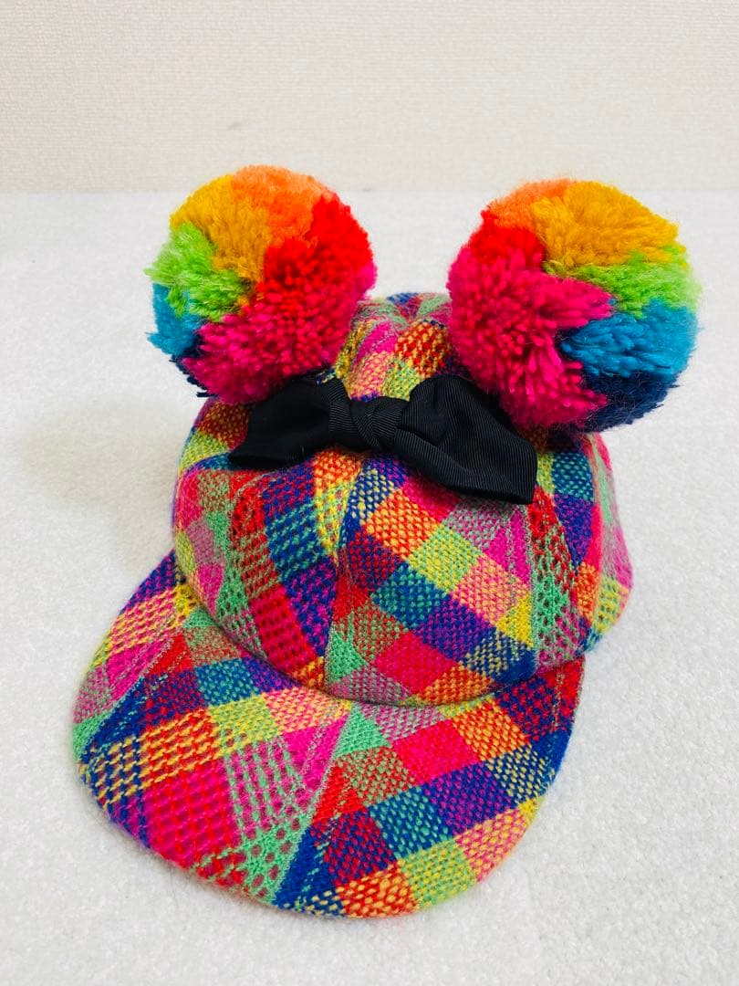 9048. 【レア】CA4LA モヘア マルチカラー リボン キャップ ぽんぽん