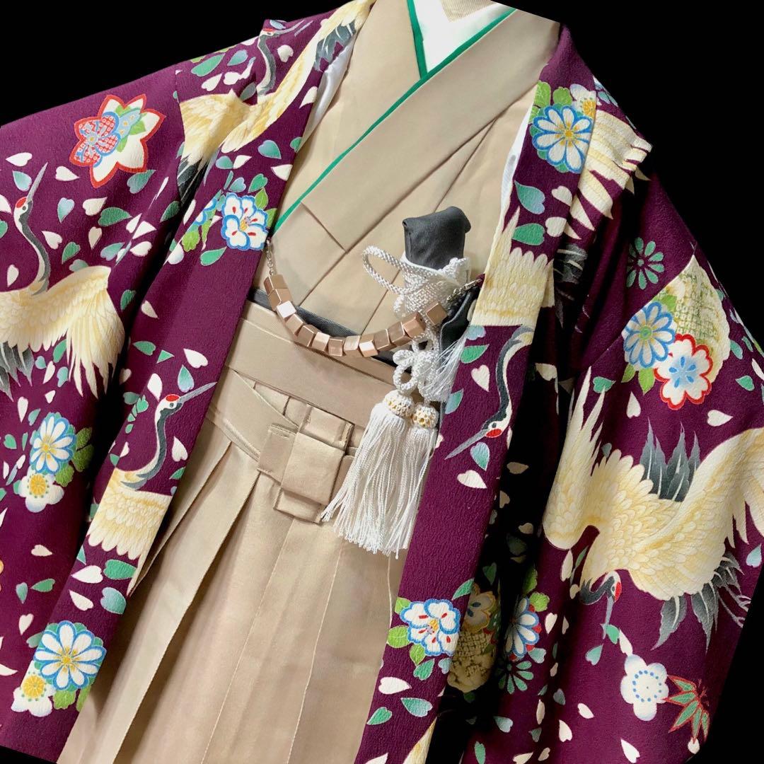 七五三 5歳　男の子　紫　鶴　花　羽織　着物　袴　セット　男児　五歳　５歳
