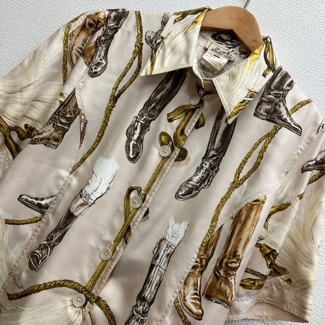 美品　エルメス　HERMES シルク　ブーツ柄　シャツ　ブラウス　40