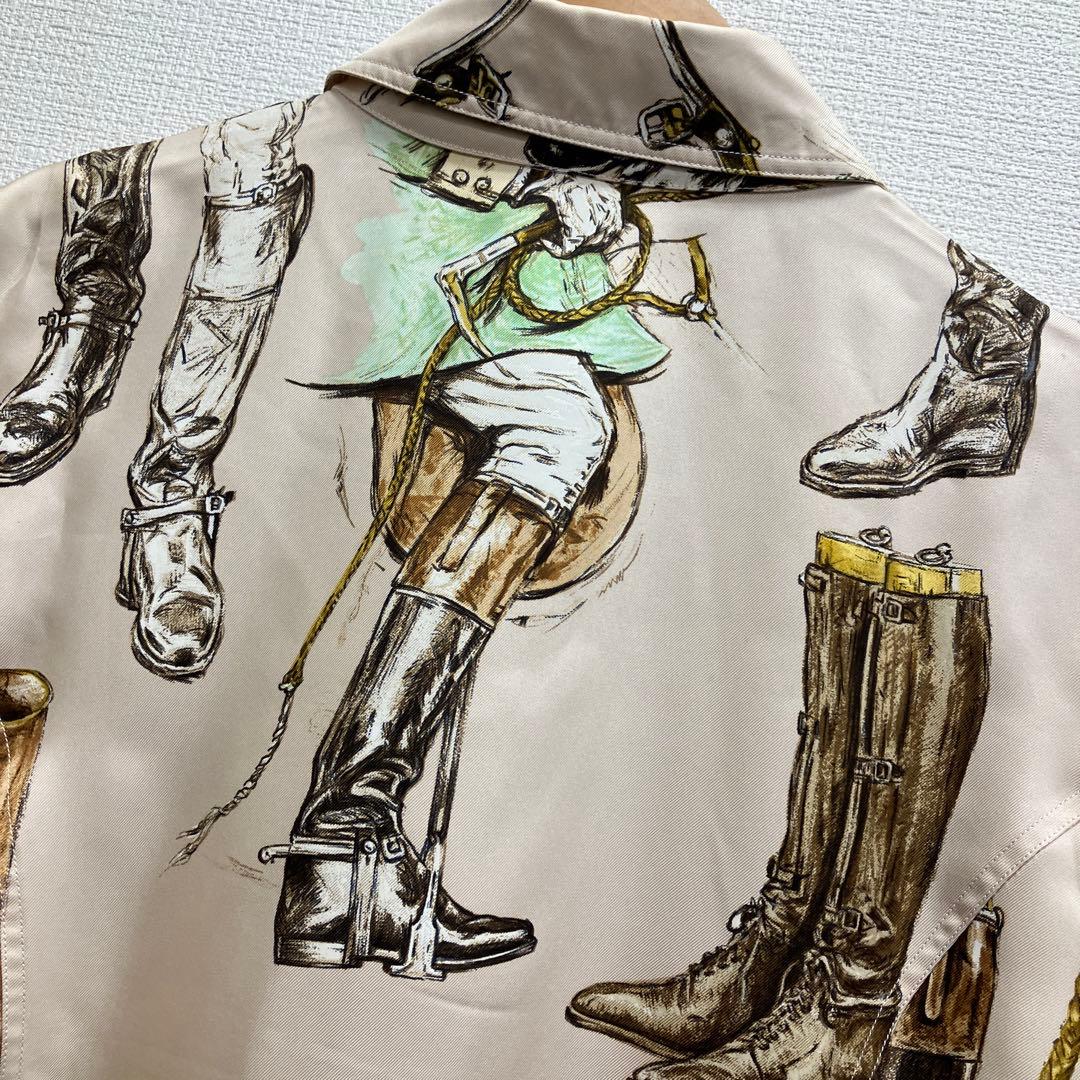 美品　エルメス　HERMES シルク　ブーツ柄　シャツ　ブラウス　40