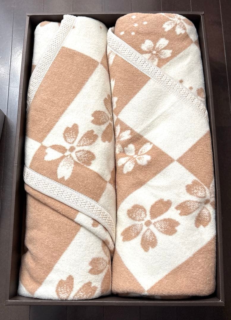 毛布2枚セット　無漂白　無染色　大自然本舗 カラーコットン 桜格子柄　シルク50