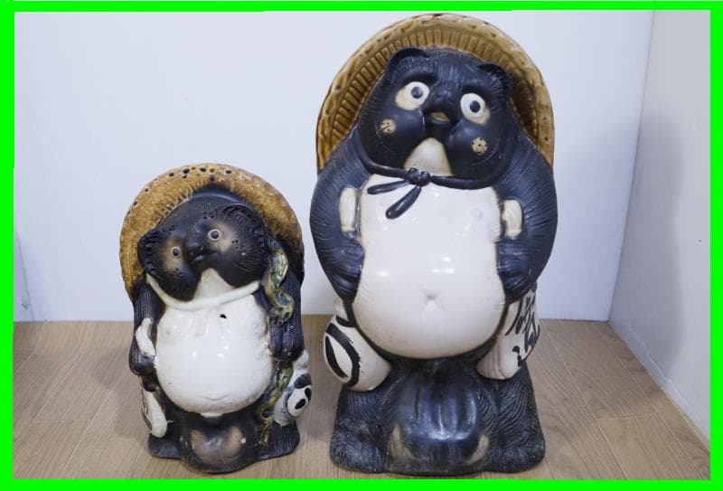 展示品◆信楽焼　狸さん 置物　2体セット◆大　高さ47㎝・小　高さ34㎝　①