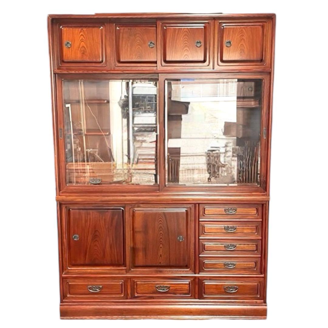 和モダン 食器棚 水屋箪笥 アンティーク調 木製収納棚 ガラス戸 引き出し多数